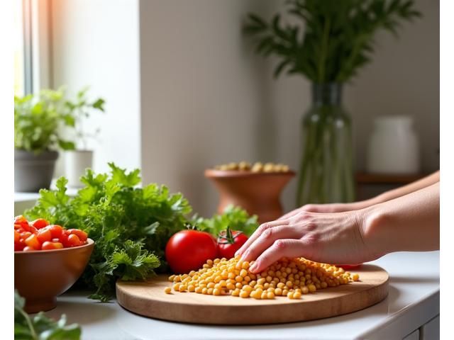Donna che prepara un piatto sano ricco di verdure e legumi, con la luce naturale che inonda la cucina.