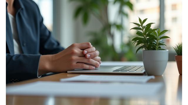 Persona in ufficio che fa una pausa mindfulness, occhi chiusi, luce morbida, simboleggiando un reset a metà giornata.