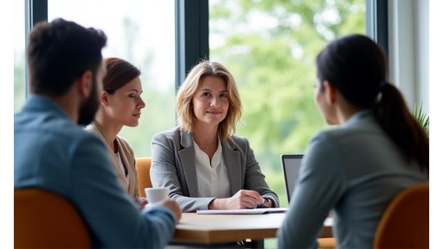 Gruppo di colleghi in meeting, uno di loro con espressione serena e attenta, simboleggiando la presenza.