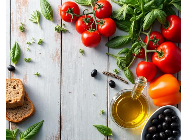 Un'abbondanza di ingredienti freschi e colorati della dieta mediterranea come pomodori maturi, olive, erbe aromatiche fresche, olio d'oliva extra vergine e grano integrale, disposti artisticamente su un tavolo di legno. Colori dominanti #7BC86B e #F5A623.