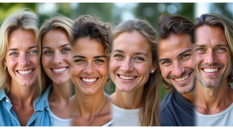Galleria di ritratti sorridenti di persone di varie età (tra 35 e 60 anni) che rappresentano diversi successi di benessere, in uno stile coeso e luminoso, simboleggiando la community Cenacolo Salute.