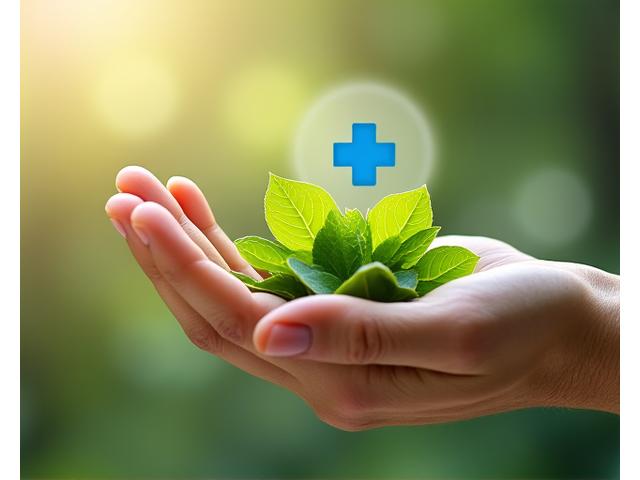Mano di donna che tiene foglie verdi con un simbolo di primo soccorso in sovrimpressione, a indicare la delicata relazione tra benessere naturale e precauzione medica.